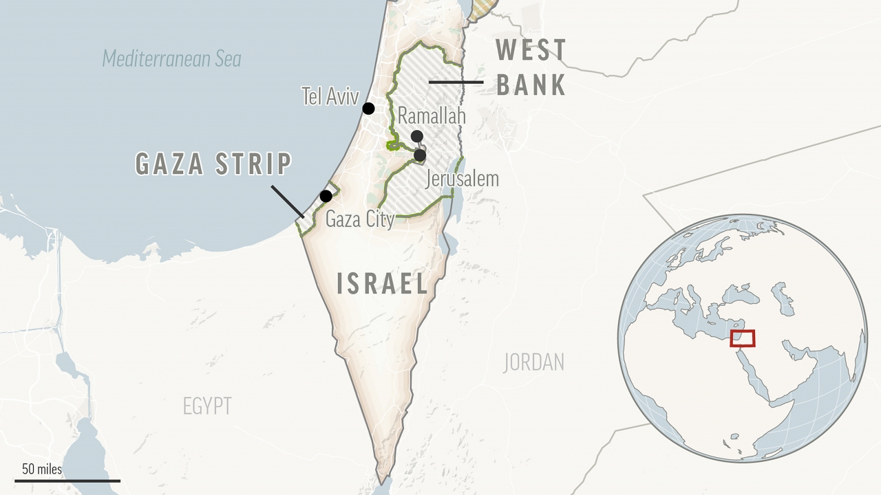 A locator map of Israel and the Palestinian Territories.