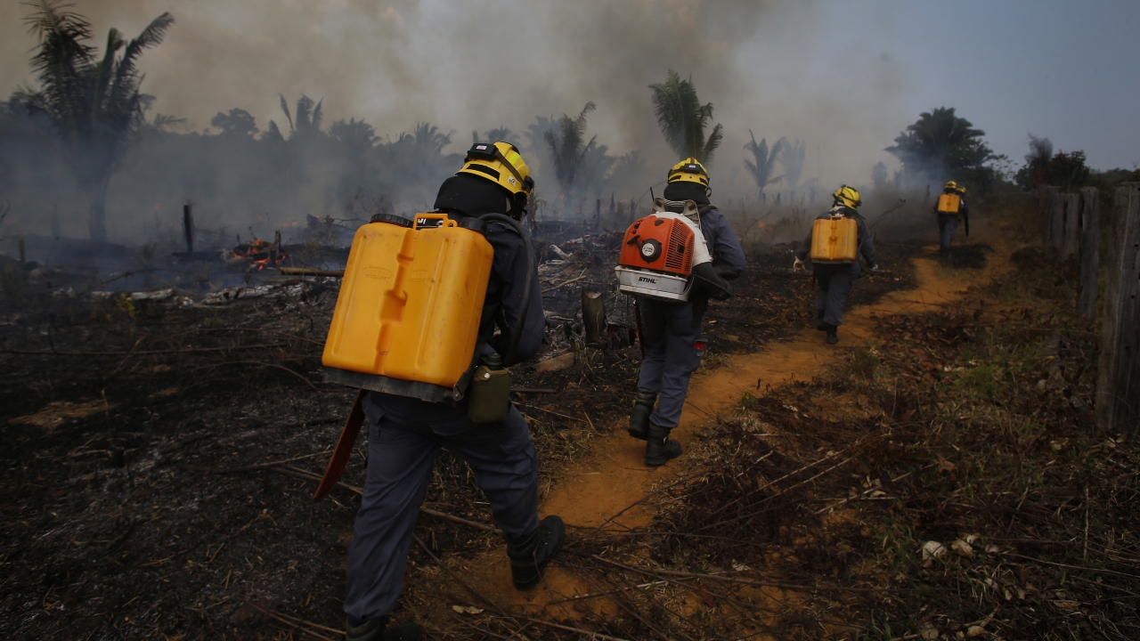 Fire brigade members walk in to a burnt area in Apui, Amazonas state, Brazil.