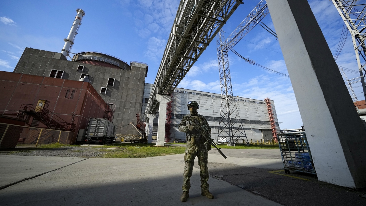 A Russian serviceman guards in an area of the Zaporizhzhia Nuclear Power Station in territory under Russian military control.
