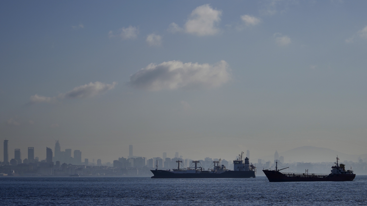 Cargo ships anchored in the Marmara Sea await to cross the Bosphorus Straits in Istanbul, Turkey