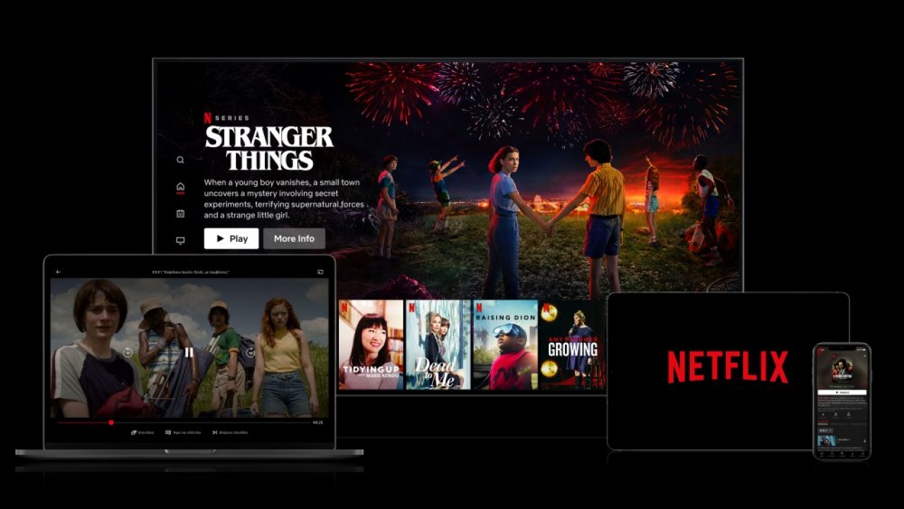 Netflix shows appear on TV, laptop, mobile screens.