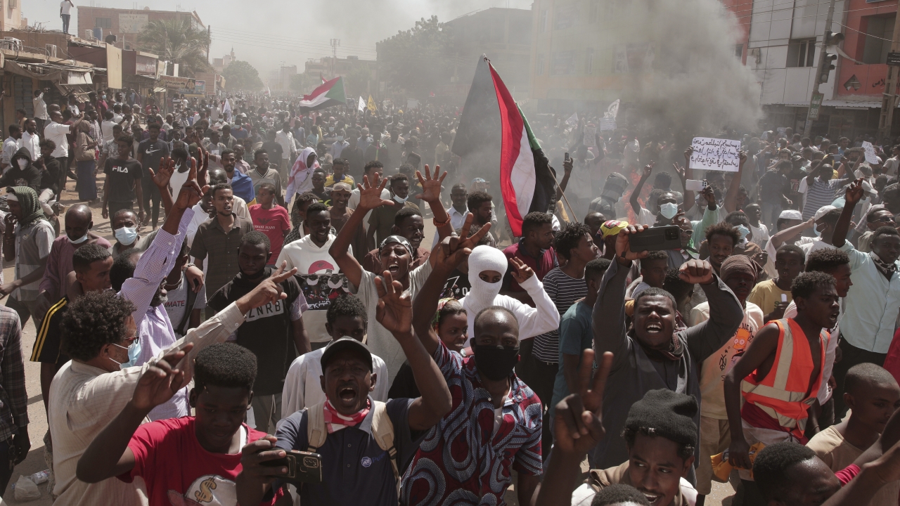 Sudanese demonstrators attend a rally to demand the return to civilian rule nearly a year after a military coup