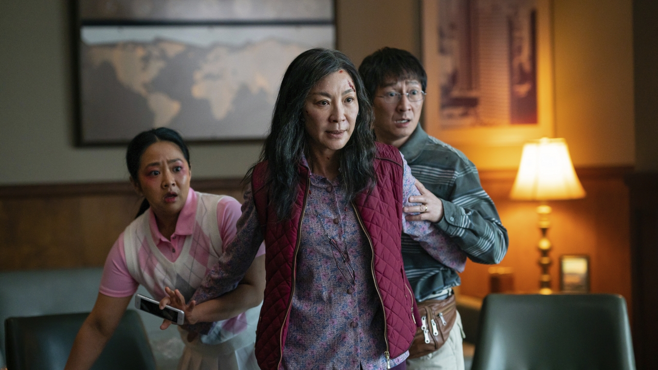 Stephanie Hsu, Michelle Yeoh and Ke Huy Quan in a scene from, "Everything Everywhere All At Once."