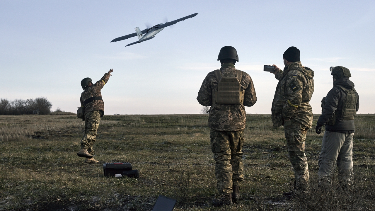 Ukrainian soldiers launch a drone at Russian positions near Bakhmut, Donetsk region, Ukraine.
