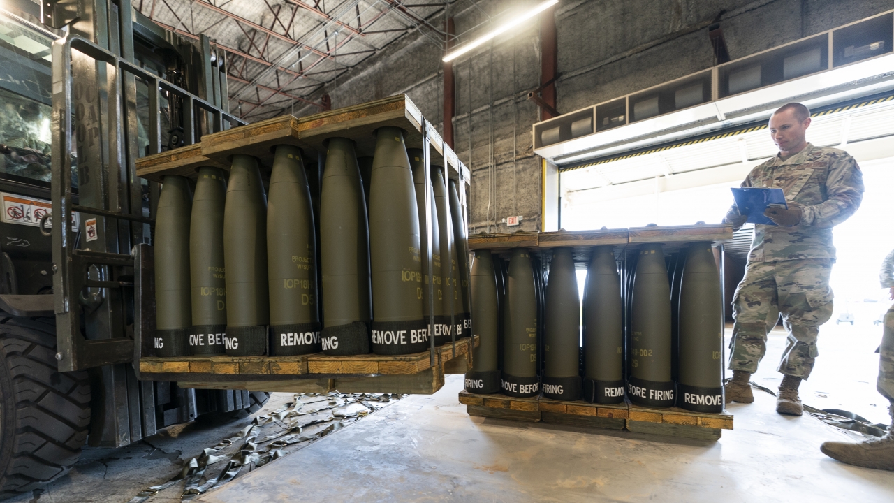 Pallets of 155 mm shells bound for Ukraine.