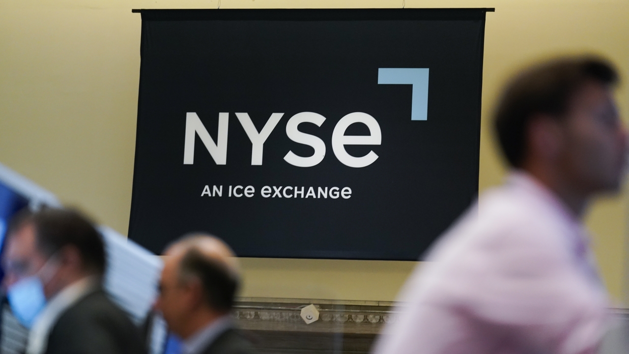An NYSE sign on the floor at the New York Stock Exchange