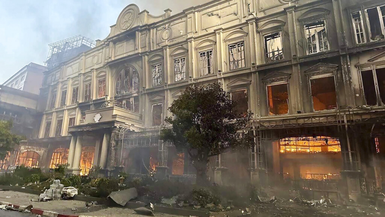 A fire burns through the Grand Diamond City Casino and Hotel in Cambodia.
