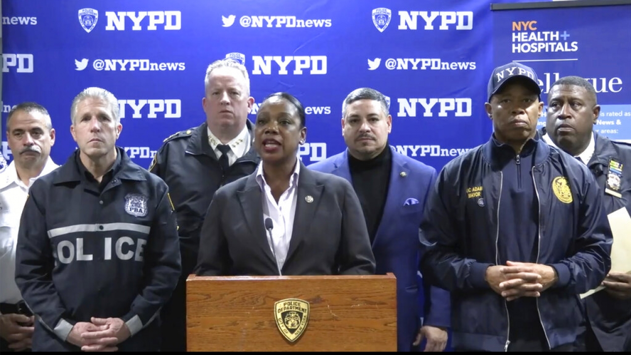 New York City Police Commissioner Keechant Sewell address the media during a news conference.