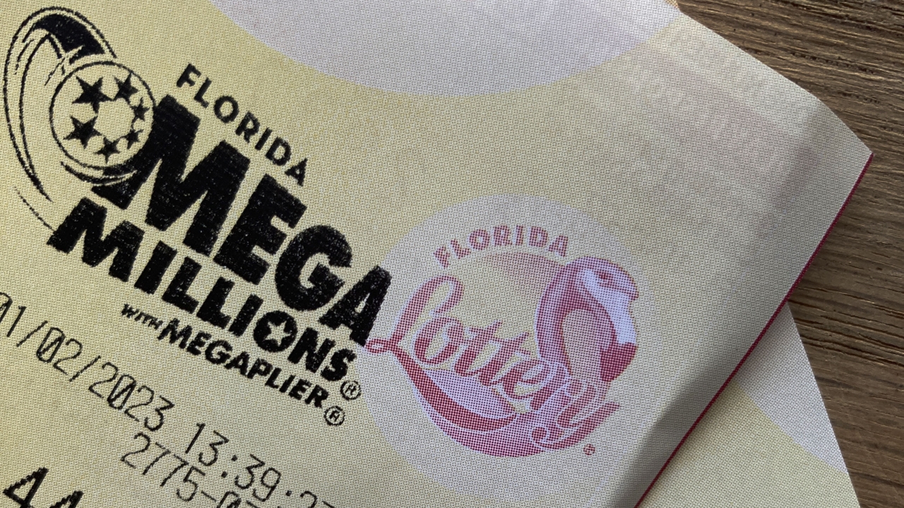 A Mega Millions lottery ticket is shown