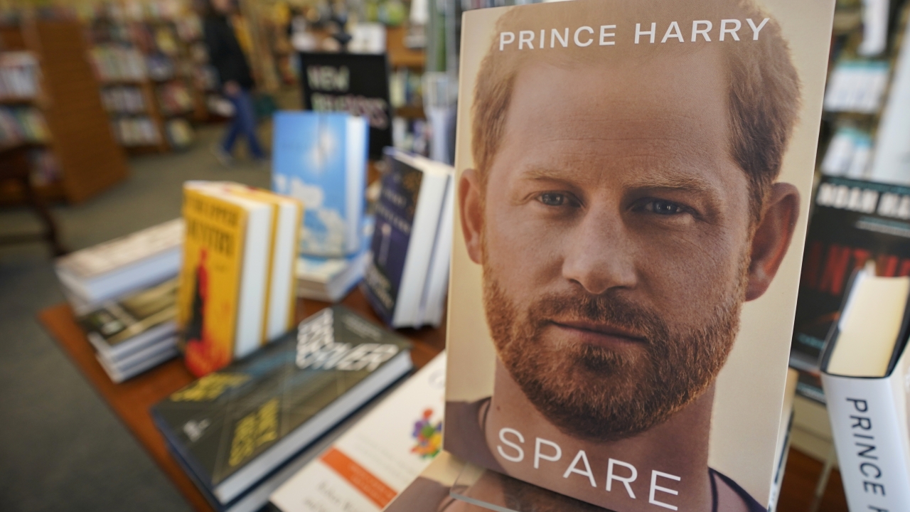 Copies Prince Harry's memoir "Spare" are displayed at a book store
