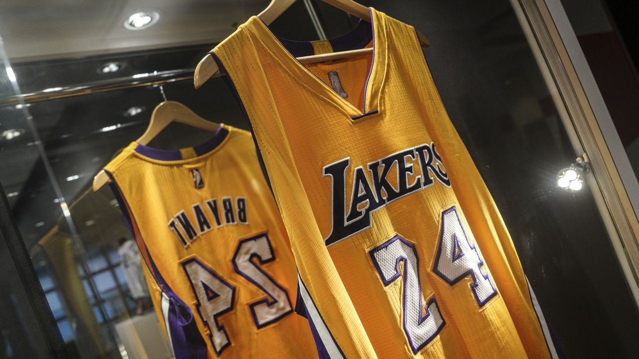 Kobe Bryant's jersey from his final NBA opening day of the 2015-2016 season, is displayed as part of Sotheby.
