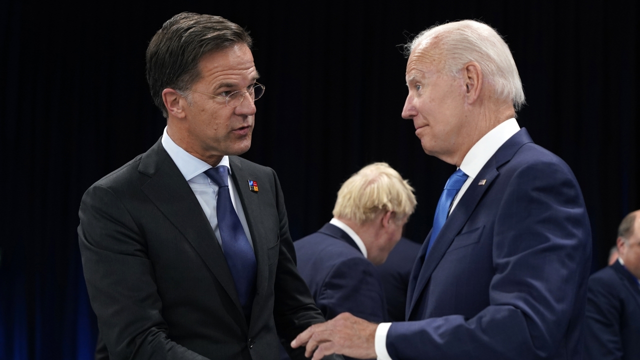U.S. President Joe Biden speaks with Netherlands Prime Minister Mark Rutte.