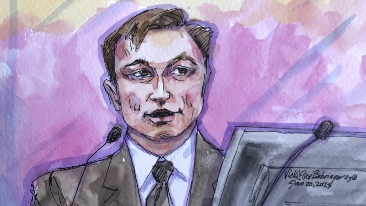 In this courtroom sketch, Elon Musk appears in federal court in San Francisco.
