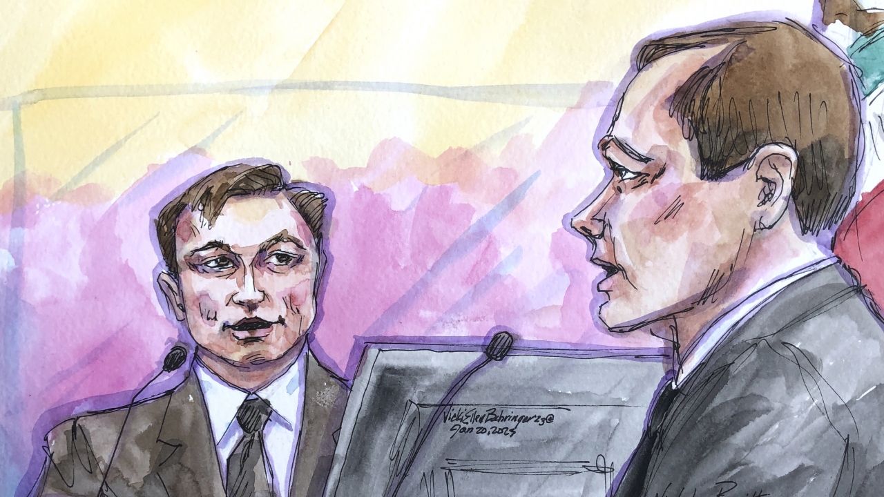 A courtroom sketch of Elon Musk, left, with shareholder attorney Nicholas Porritt, right.