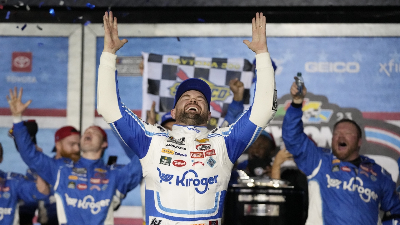 Ricky Stenhouse Jr. celebrates in Victory Lane after winning the NASCAR Daytona 500 auto race