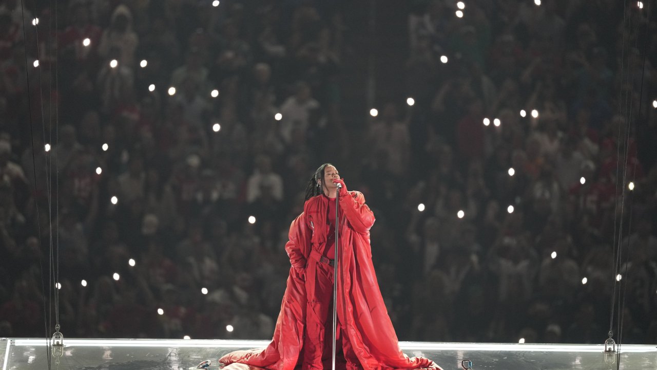 Rihanna performs during the halftime show at the NFL Super Bowl 57