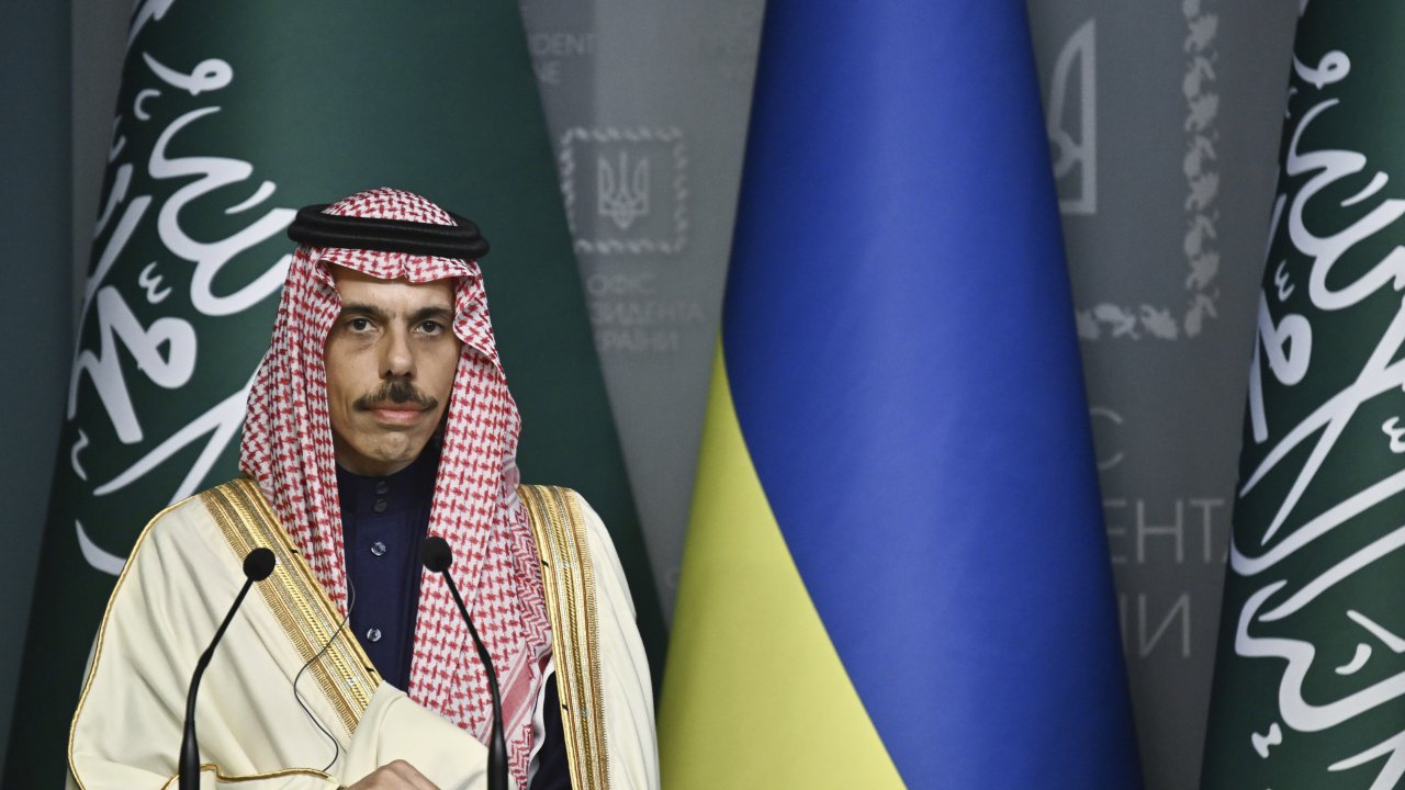 Saudi Arabia's Foreign Minister Prince Faisal Bin Farhan Al Saud speaks during a visit to Ukraine.