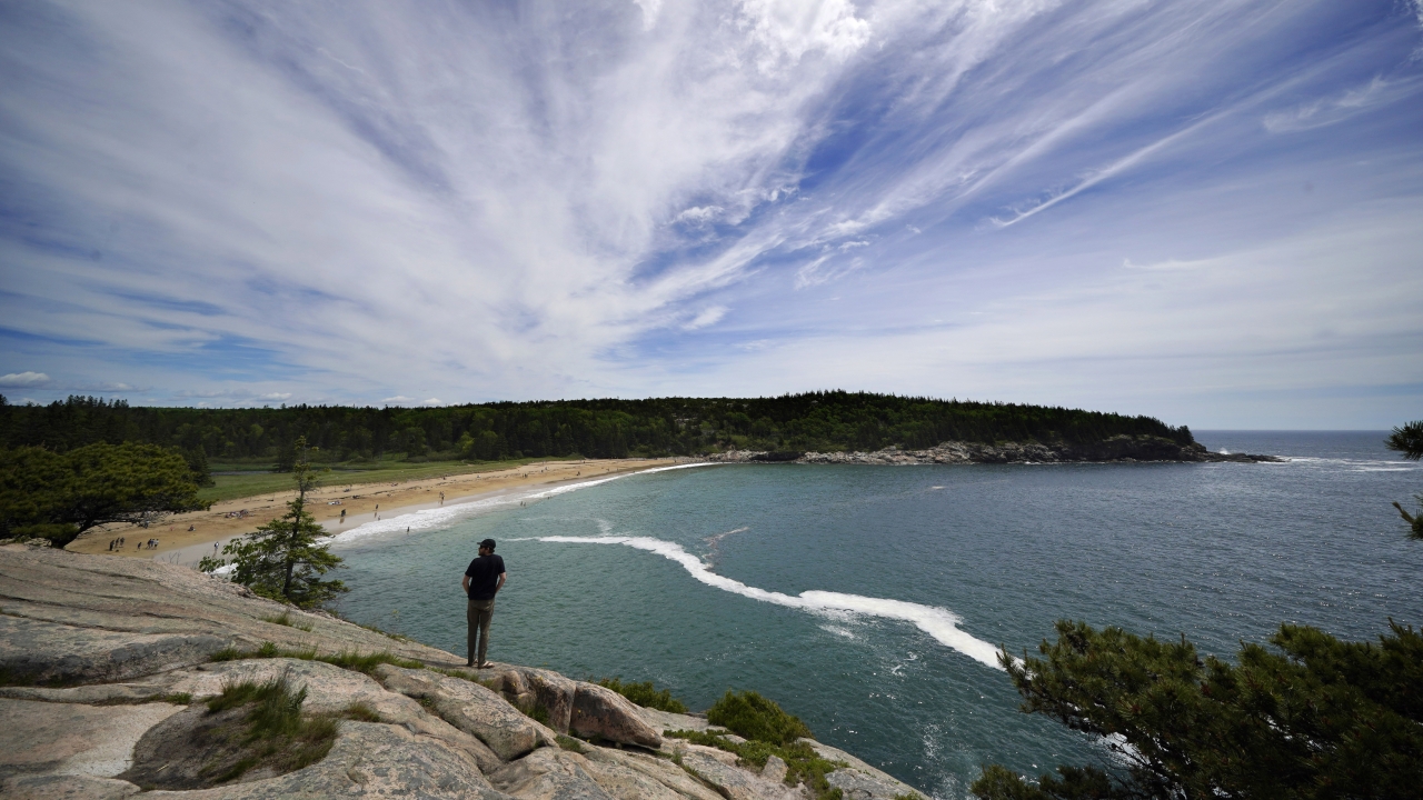 A man takes in the view of Sand Beach in Acadia National Park.
