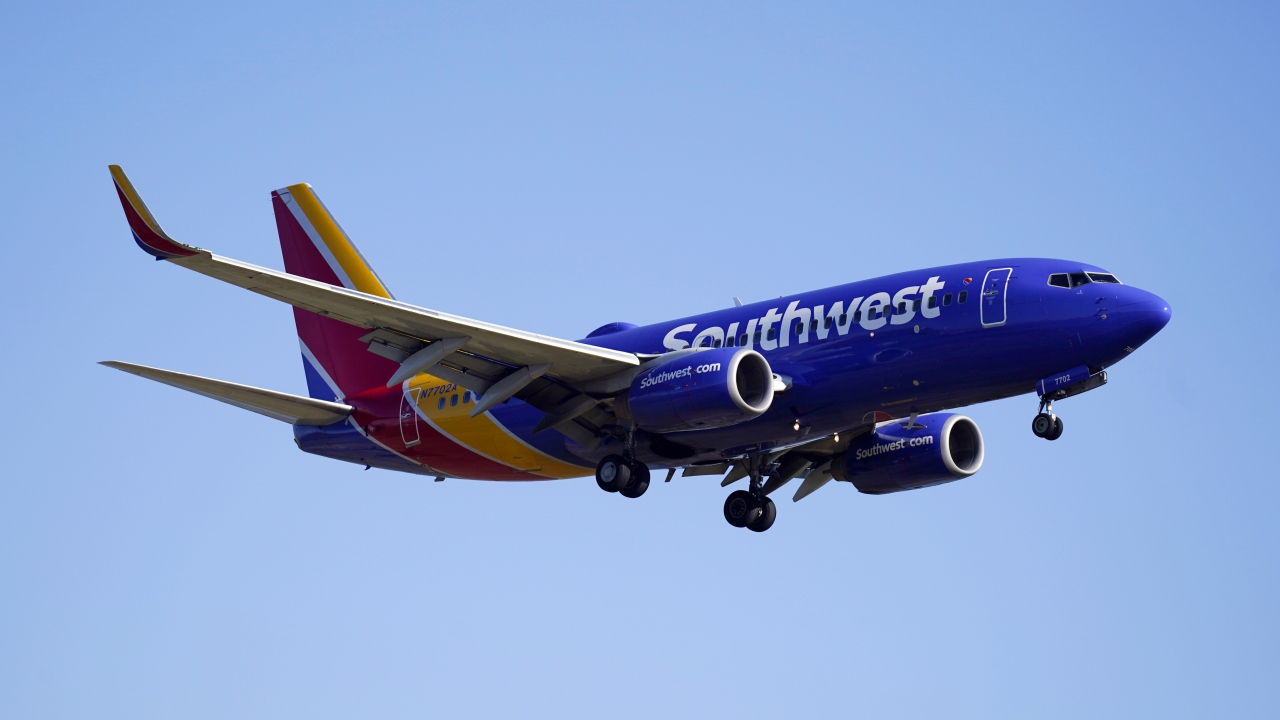 A Southwest Airlines plane in flight