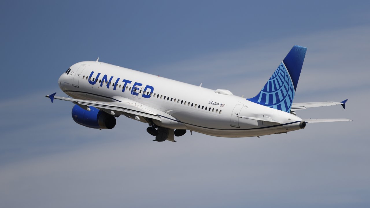 A United Airlines plane takes off