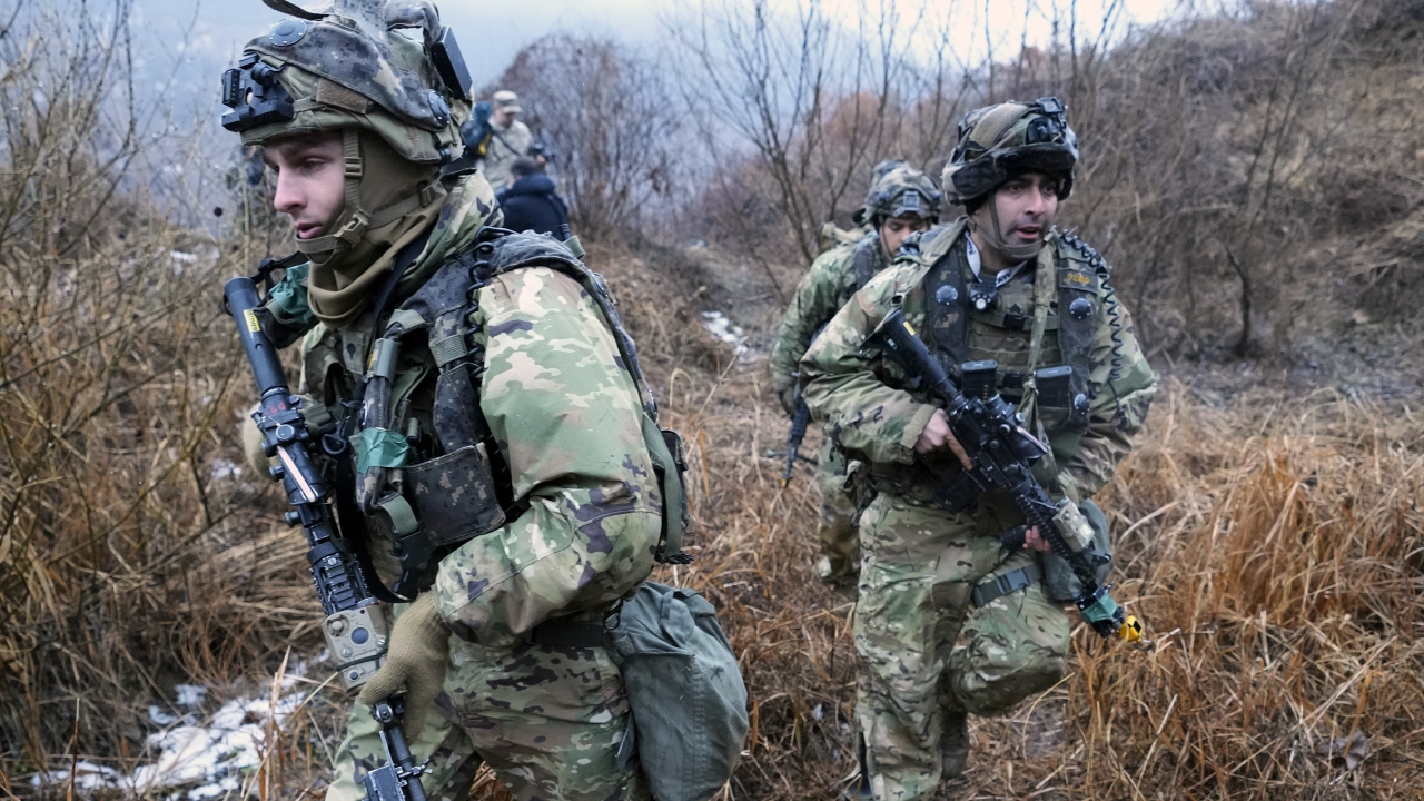 U.S. Army soldiers march during a joint military drill between South Korea and the United States