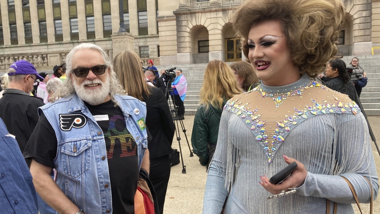 FILE - Drag performer Poly Tics, right, attends a rally in Frankfort, Ky., Thursday, March 2, 2023.