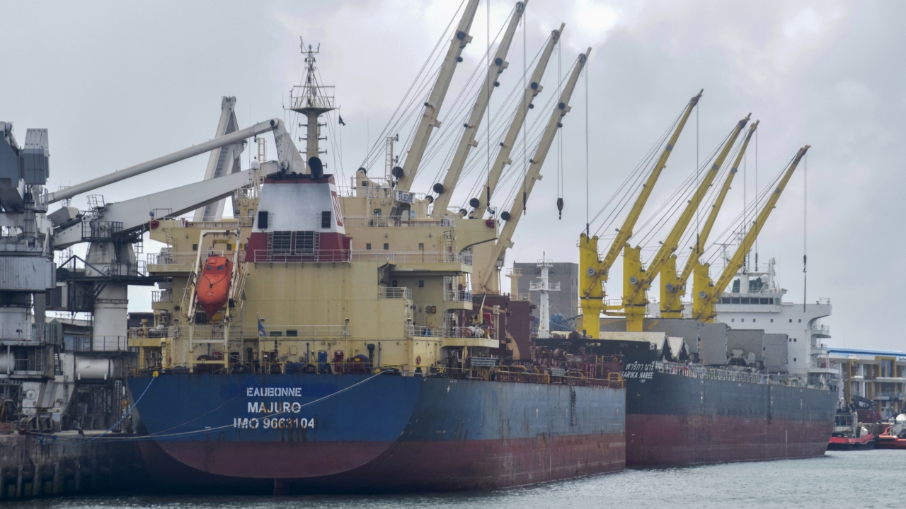The Eaubonne bulk carrier ship docks in the port of Mombasa, Kenya.