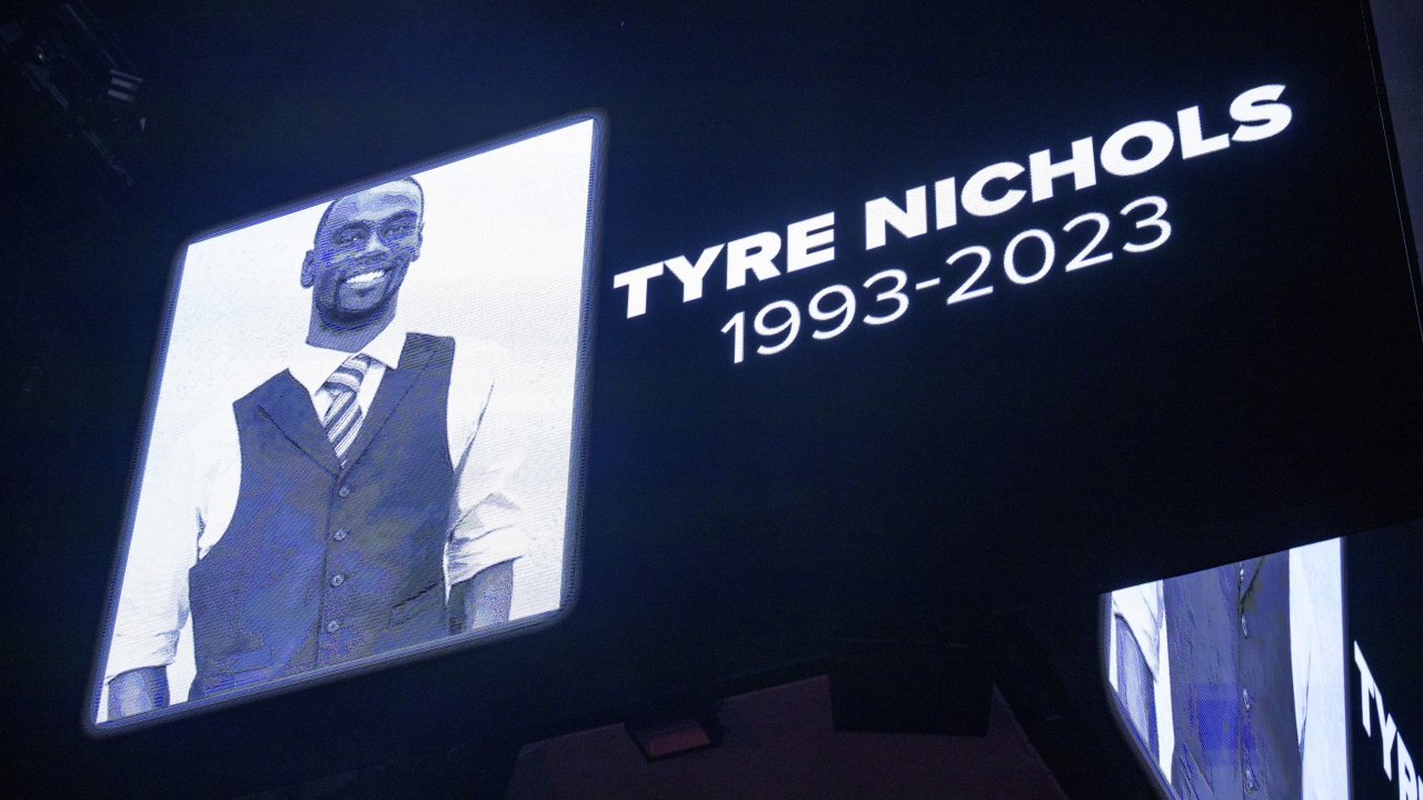 The screen at the Smoothie King Center in New Orleans honors Tyre Nichols before an NBA basketball game.