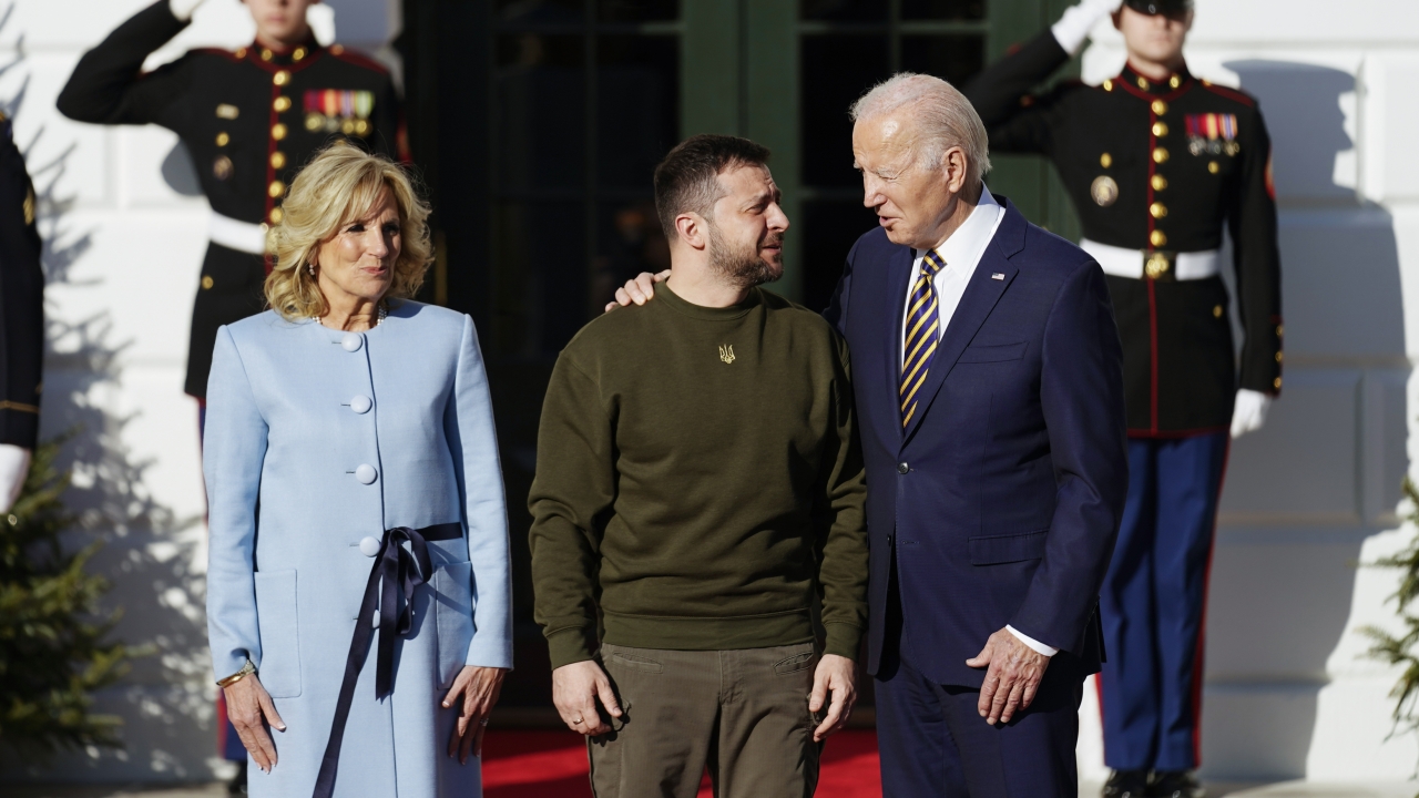 President Joe Biden embraces Ukrainian President Volodymyr Zelenskyy.