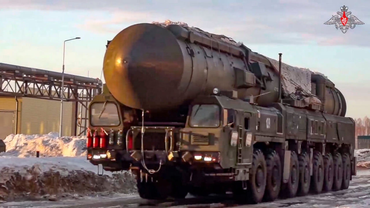 A Yars missile launcher of the Russian armed forces being driven in an undisclosed location in Russia.