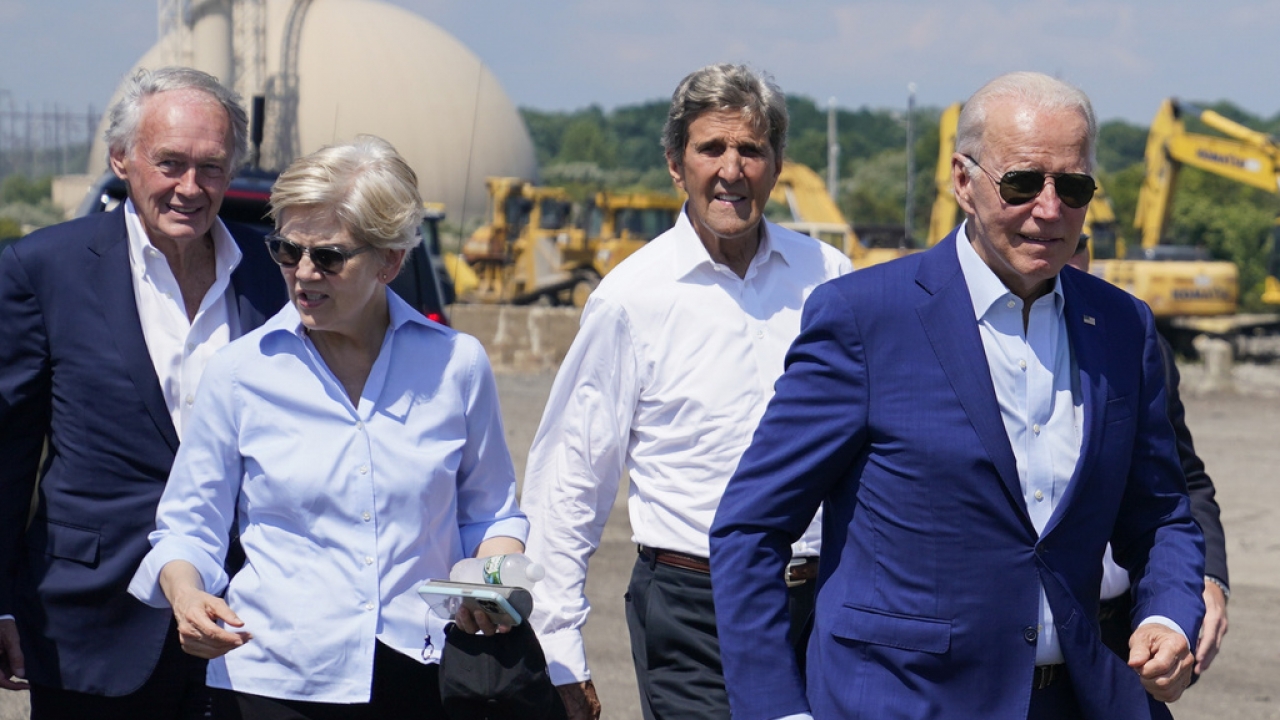 President Joe Biden arrives to speak about climate change and clean energy at Brayton Power Station.