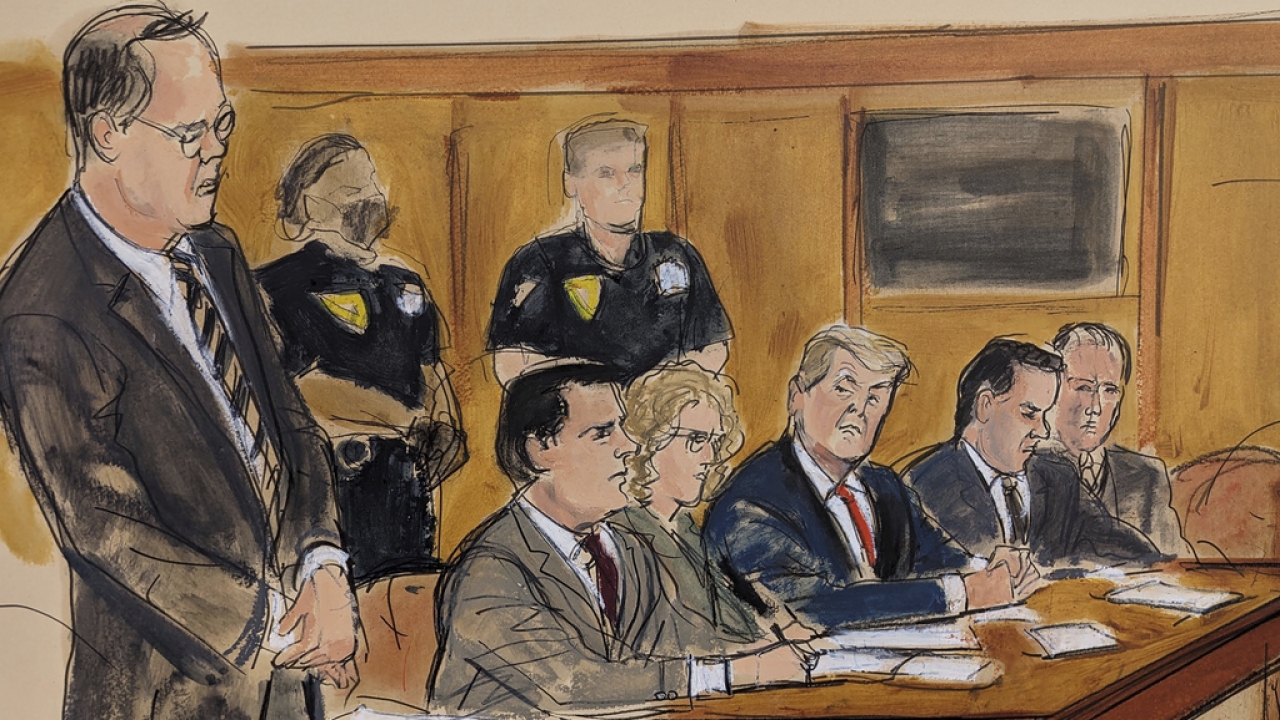 Sketch artist Elizabeth Williams captures the moment Donald Trump grimaces at a prosecutor in a NYC courtroom.