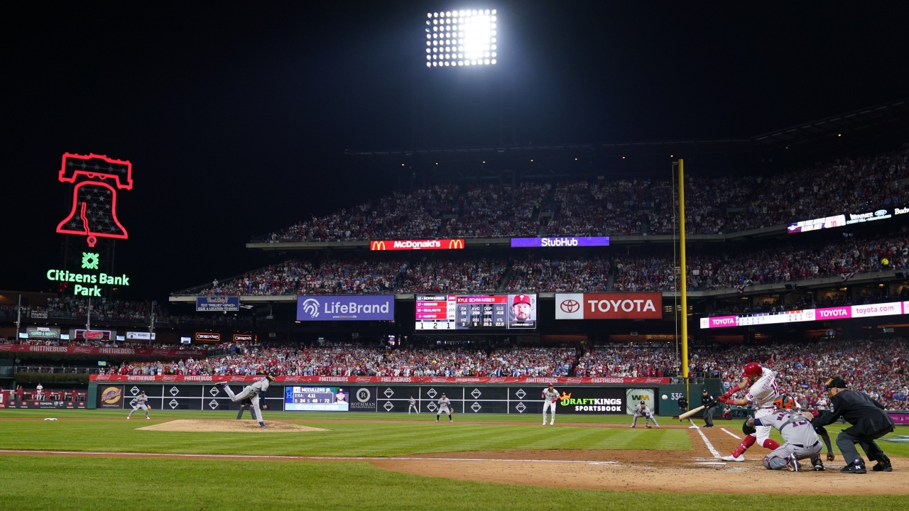 Philadelphia Phillies' Kyle Schwarber hitting a home run.
