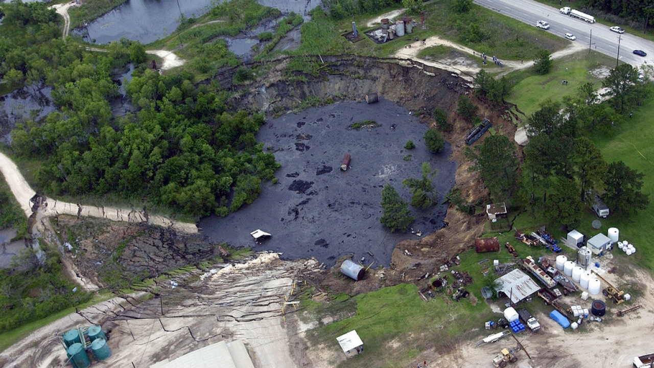 2008 photo of a massive sinkhole in Daisetta, Texas.