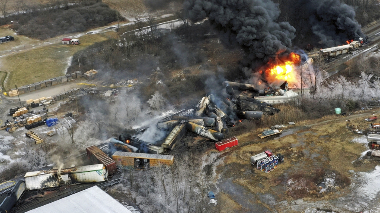 This photo taken with a drone on Feb. 4, 2023, shows portions of a Norfolk Southern freight train still on fire.