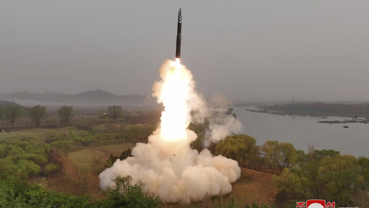 A photo dated April 14, 2023, by the North Korean government, shows what it says is the test-launch of Hwasong-18