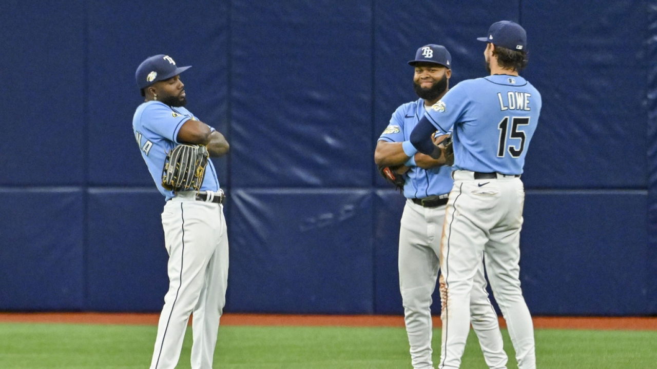 Tampa Bay Rays outfielders Randy Arozarena, left to right, Manuel Margot and Josh Lowe.