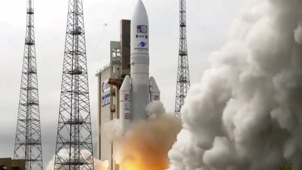 An Ariane rocket carrying the robotic explorer Juice takes off from Europe's Spaceport in French Guiana.