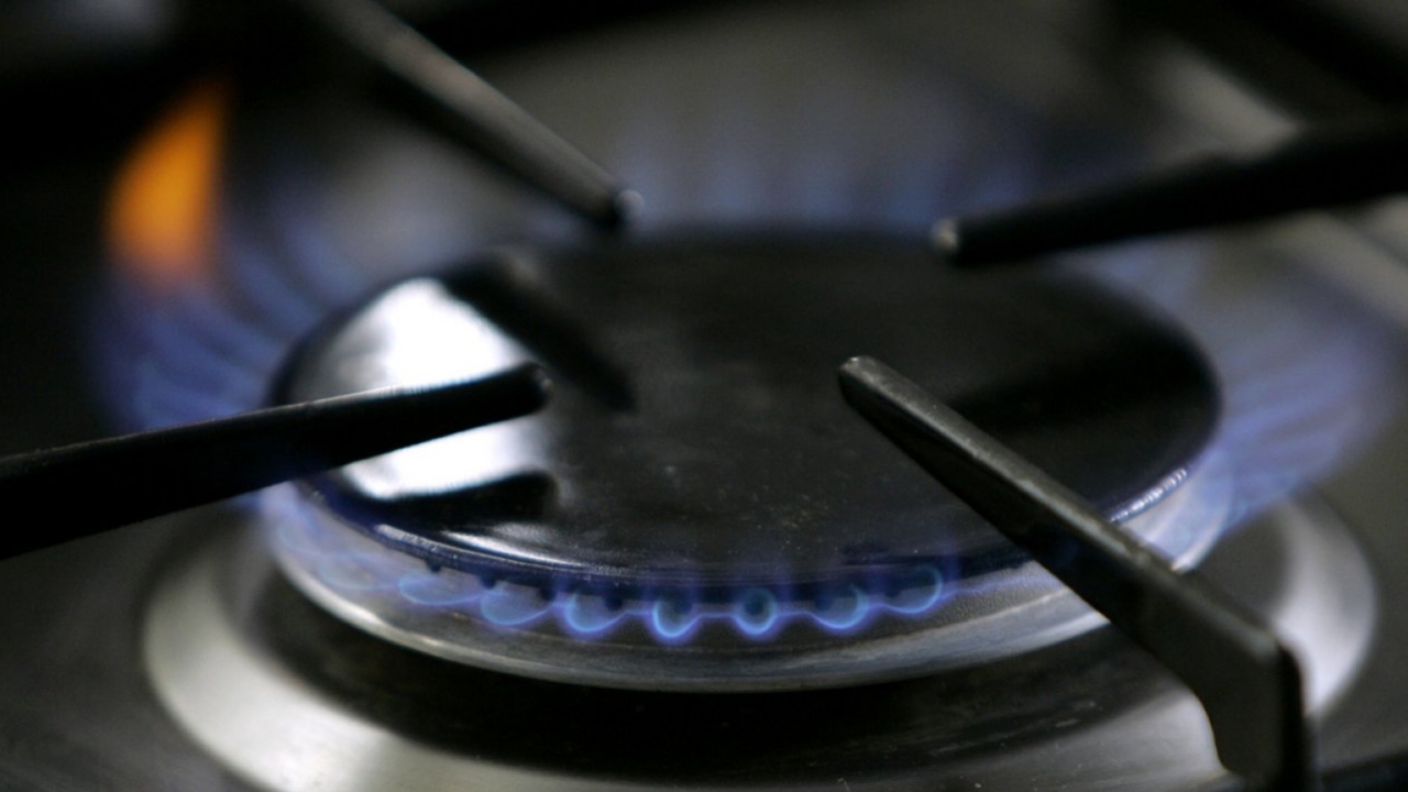 A gas-lit flame burns on a natural gas stove.