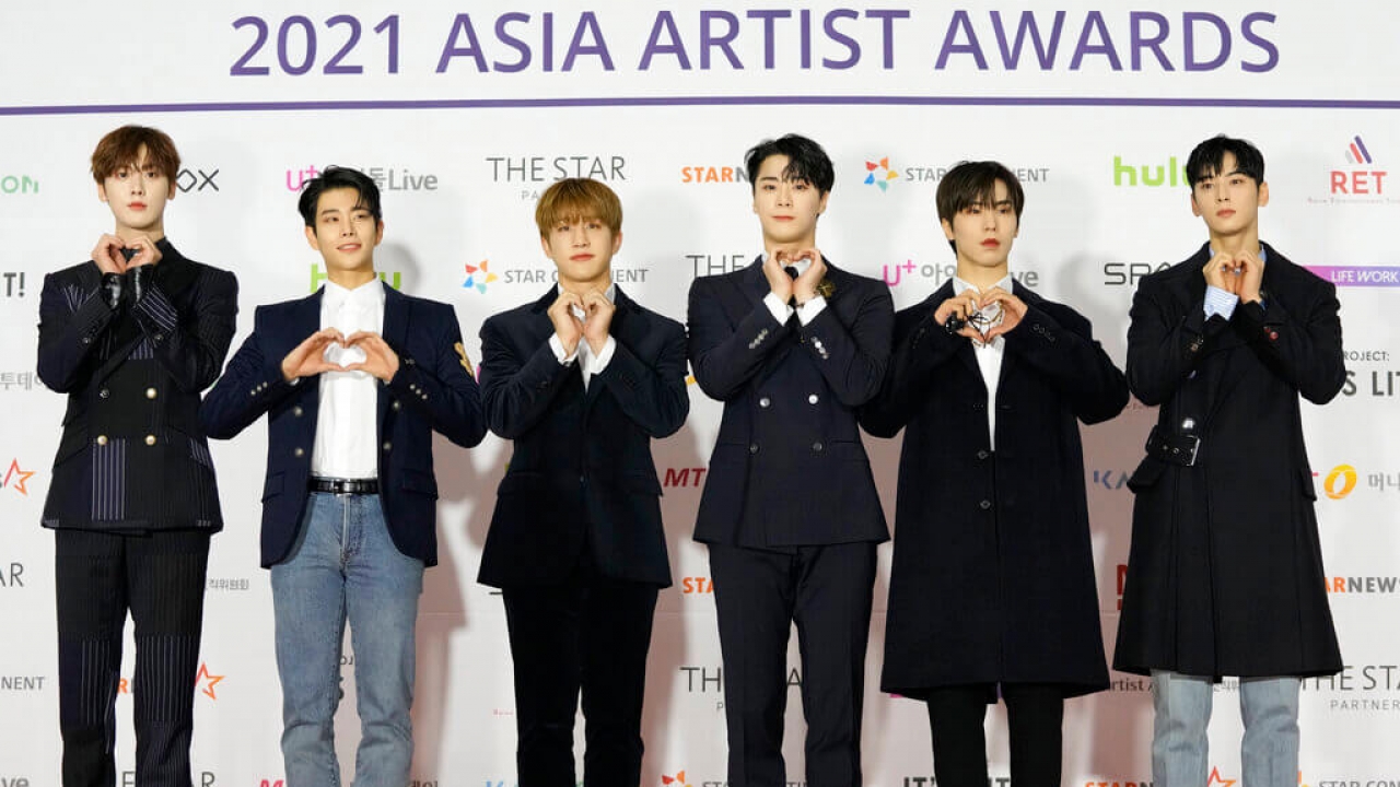 K-Pop group ASTRO pose for photos on the red carpet for the 2021 Asia Artist Awards in Seoul.