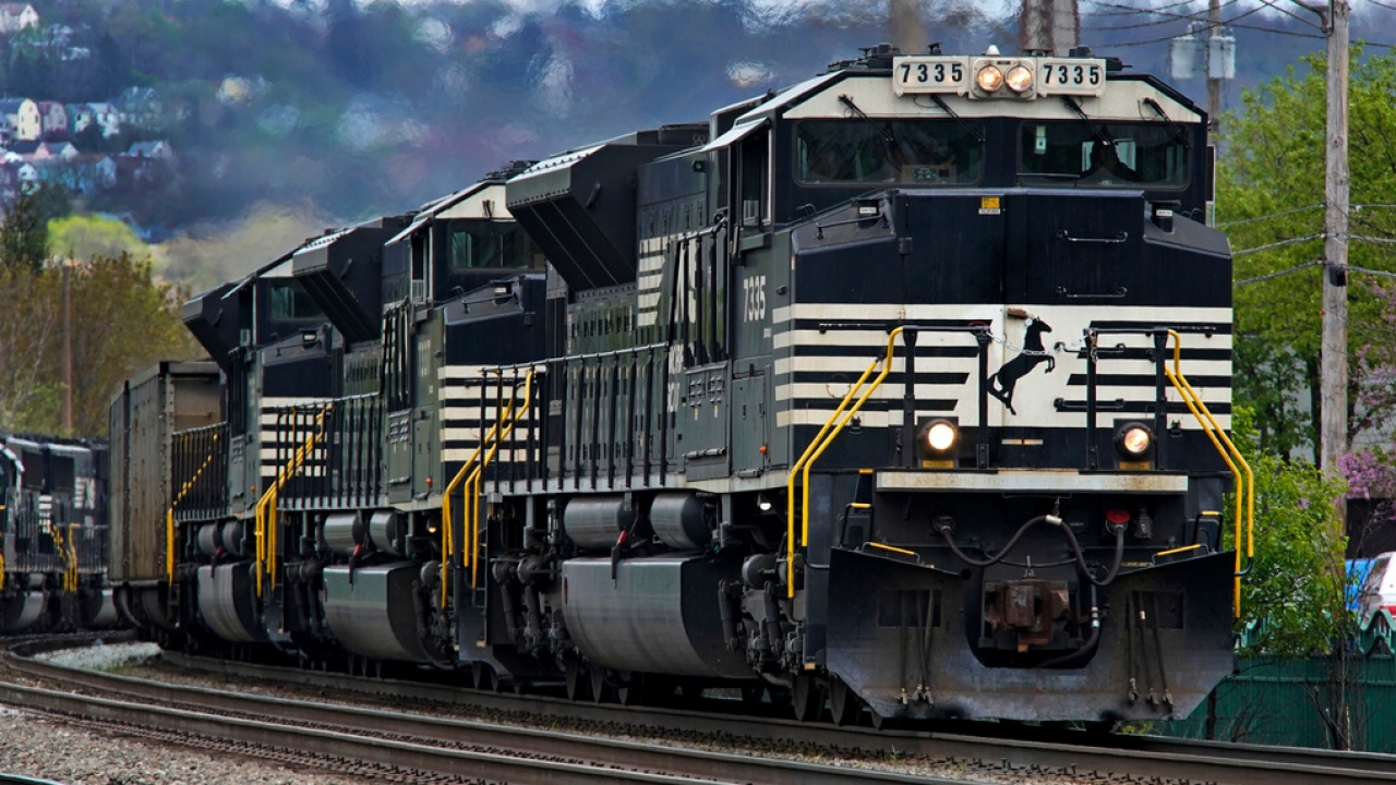 A Norfolk Southern freight train makes it way through Homestead, Pa.