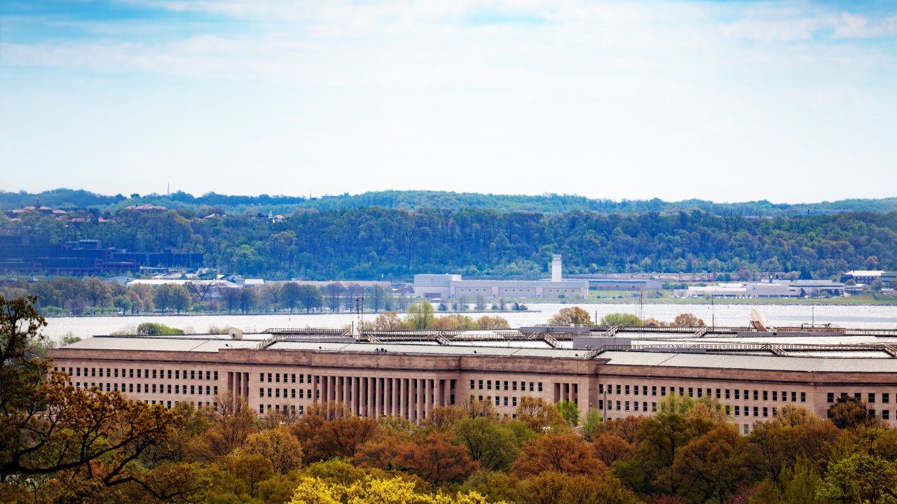 US Pentagon and Potomac river in Arlington, Virginia.