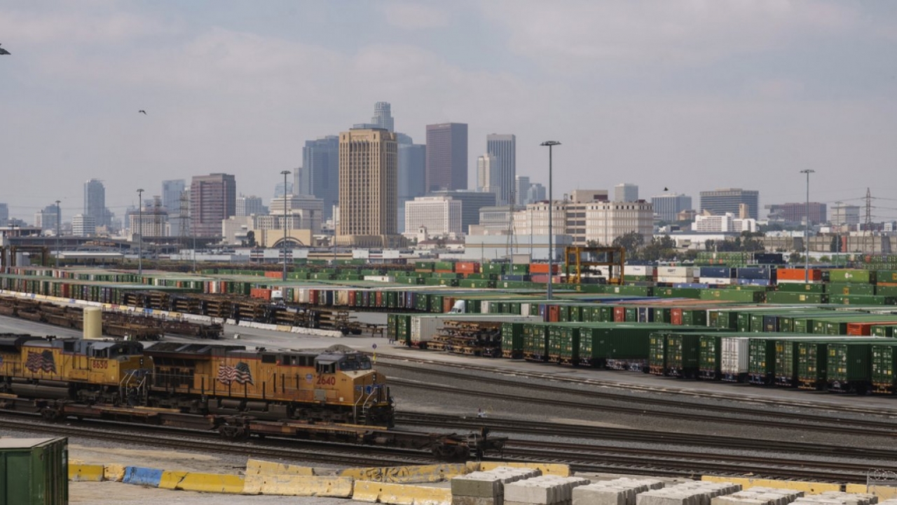 Los Angeles skyline is seen above the Union Pacific LATC Intermodal Terminal