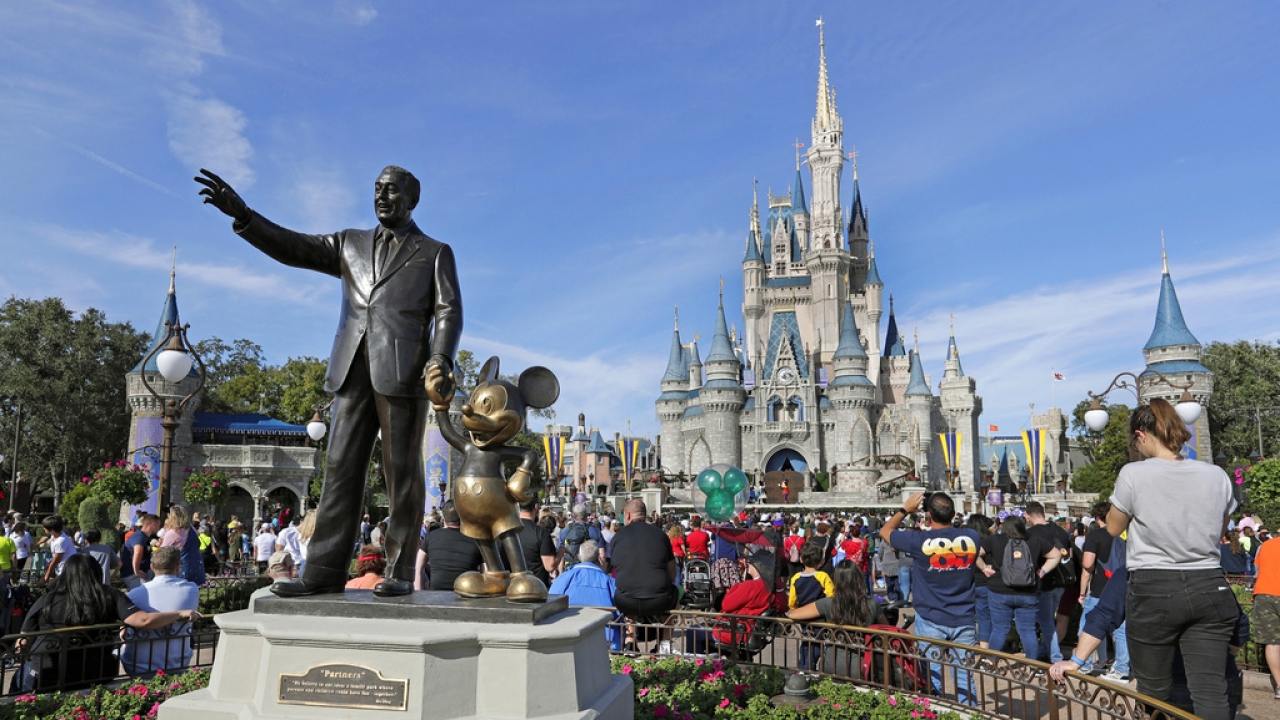 A statue of Walt Disney and Micky Mouse stands in front of the Cinderella Castle at the Magic Kingdom.