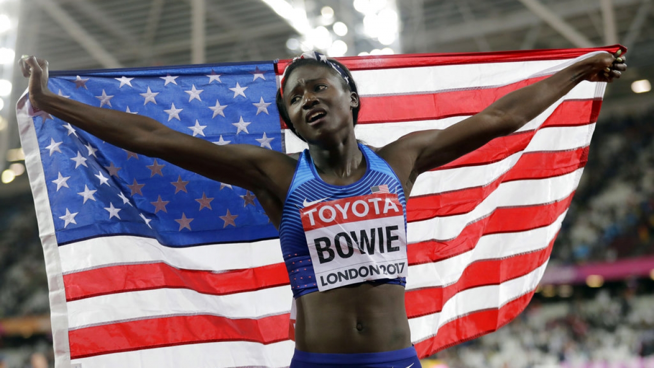 United States' Tori Bowie celebrates after winning the gold medal during the World Athletics Championships.