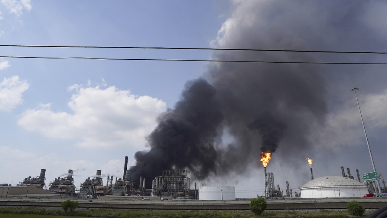 A fire burns at a Shell chemical facility in Deer Park