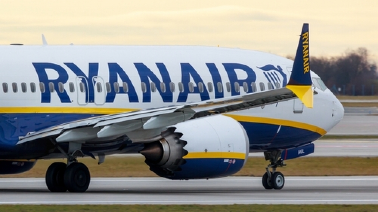 A Ryanair jet sits on the tarmac.