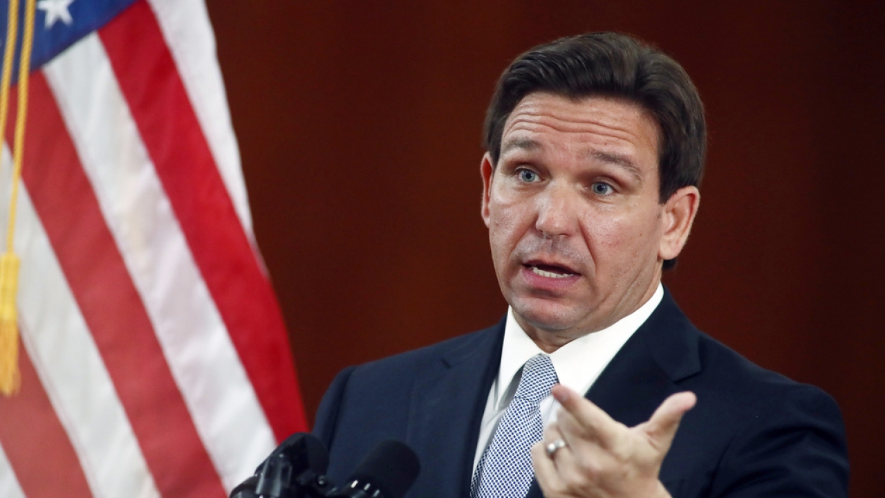 Florida Gov. Ron DeSantis answers questions from the media.
