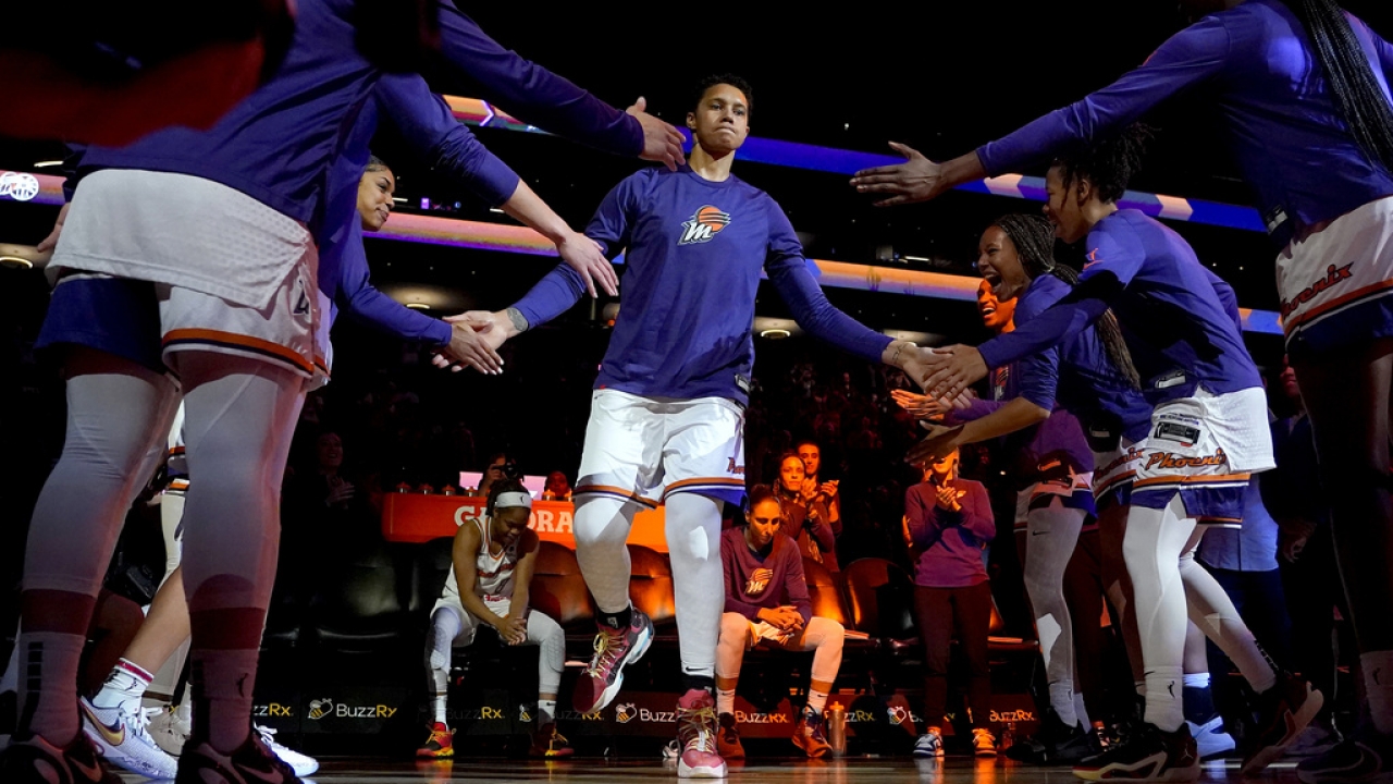 Phoenix Mercury center Brittney Griner is introduced prior to a WNBA preseason basketball game