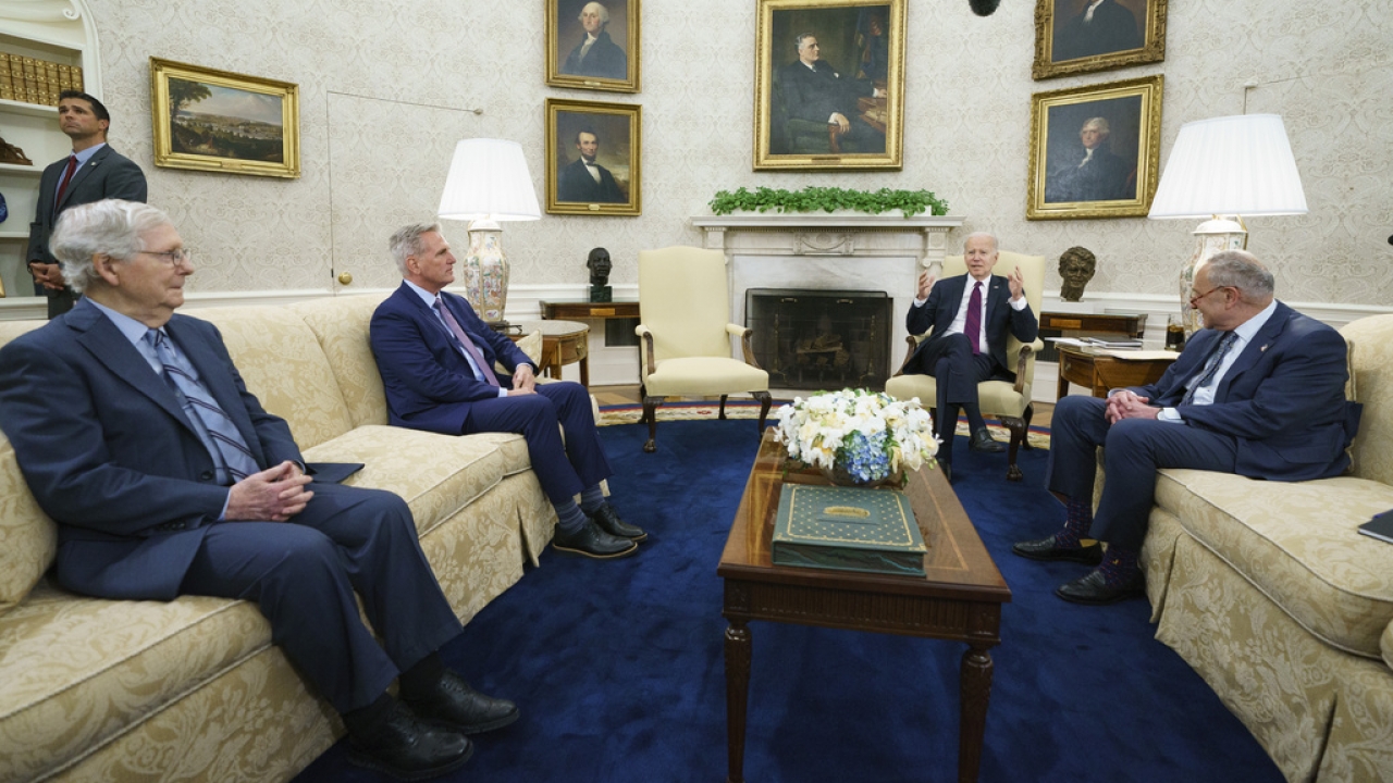 Mitch McConnell, Kevin McCarthy, Chuck Schumer and President Joe Biden meet in the White House.